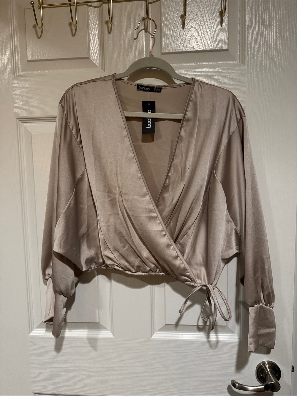 Boohoo Taupe Satin Wrap Blouse with Side Tie